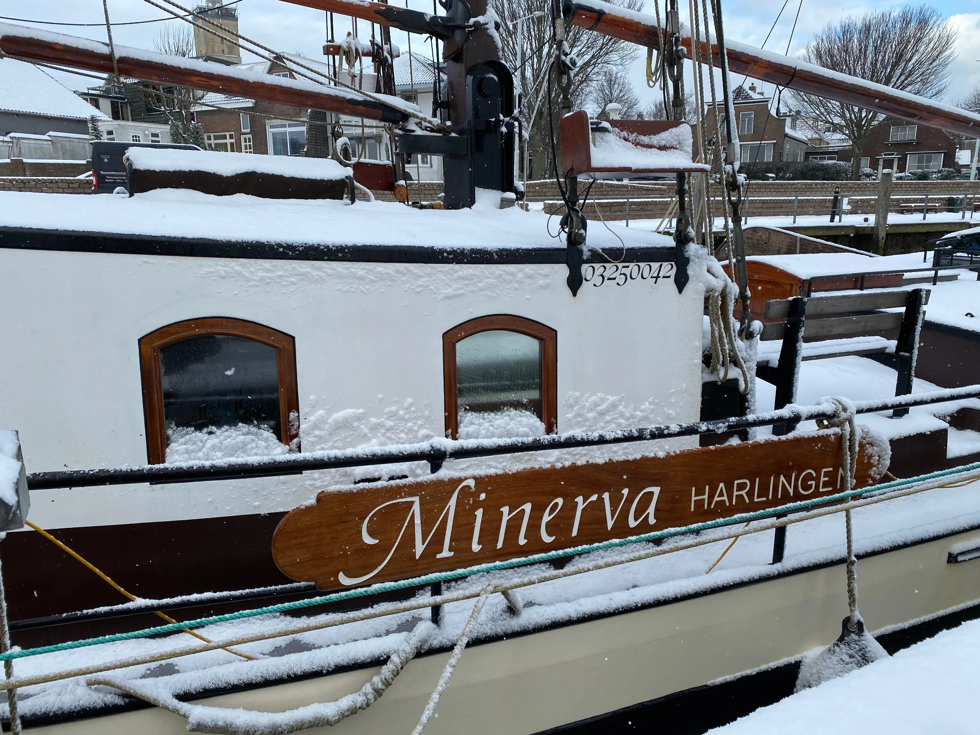 Minerva in winter snow in Harlingen