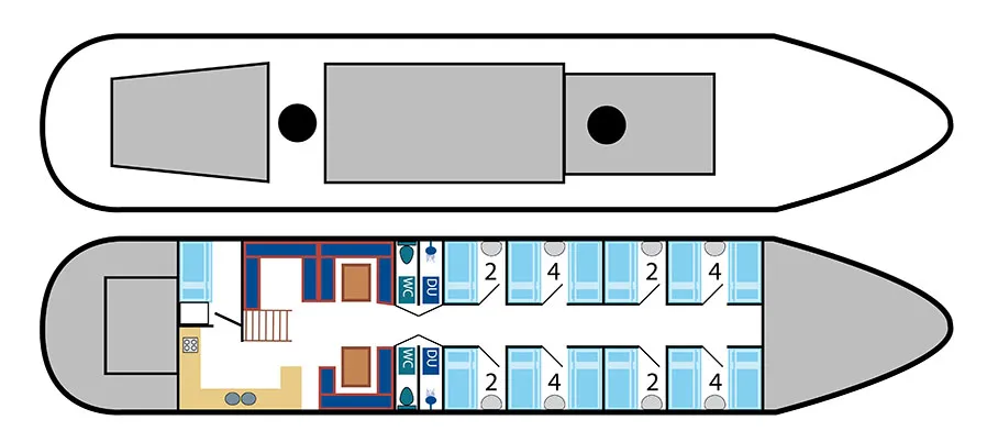 Grundriss der Minerva mit Deck, Kabinen und Aufenthaltsraum